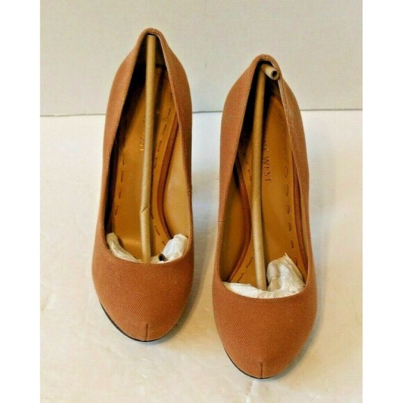 Nine West Heels Tan Canvas Pumps Chunky Braided Boho Shoes w/Box Sz 6.5 M - Picture 4 of 9